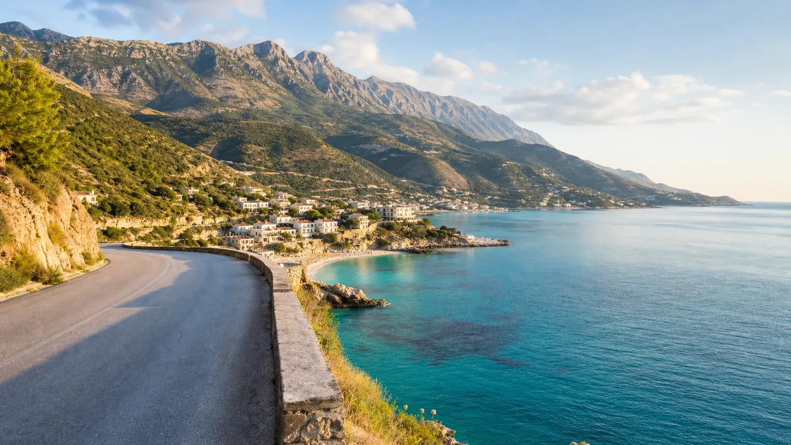 Kanyargós hegyi út albán tájban, jelképes illusztráció a Traveltip autóbérlési útmutatójához